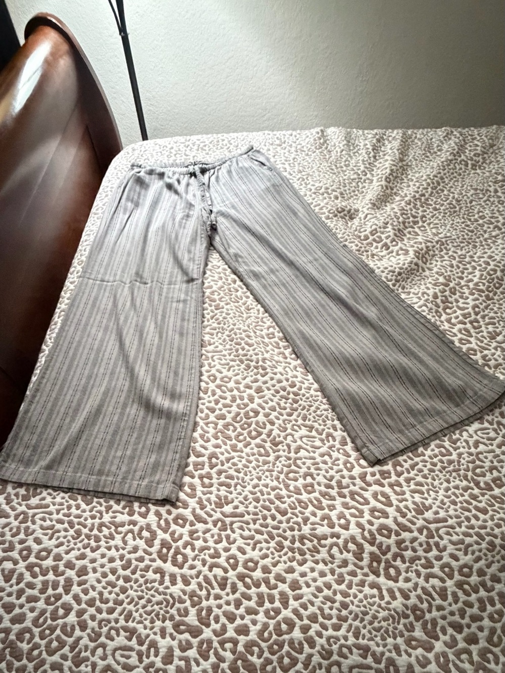 Light Gray Striped Wide-Leg Lounge Pants